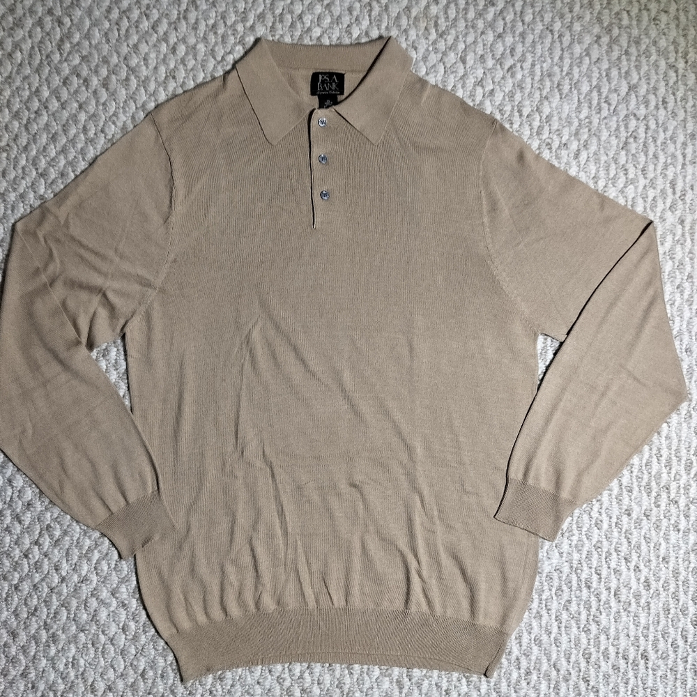 Jos A Bank Signature 100% Silk Polo Shirt Long Sleeve Beige Mens XL Sweater